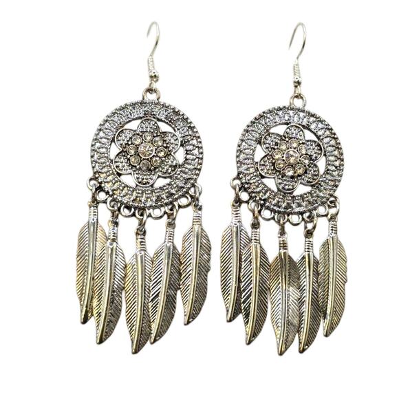 Pierced Earrings Dreamcatcher Mystical Symbol Silver Tone Dangle Drop Fashion - Picture 1 of 5
